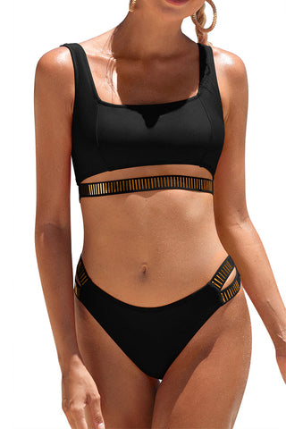 Clearance | Solid Color Square Neck Cut Out Black Bikini Suits