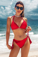 V Neck Solid Color Triangle Halter Red Bikini Suits