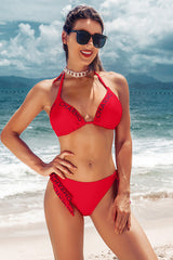 V Neck Solid Color Triangle Halter Red Bikini Suits