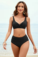 V Neck High Waisted Ruched Backless Black Bikini Suits