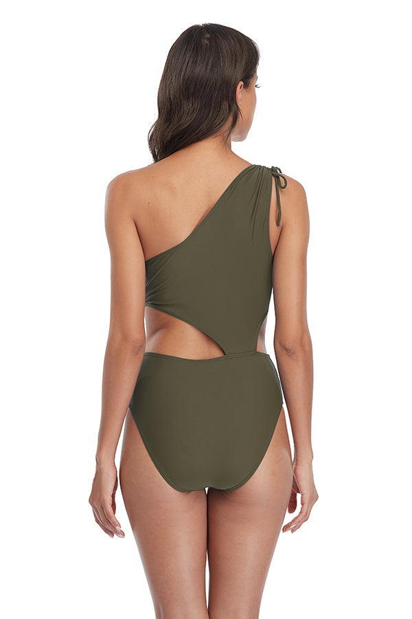 Solid One Shoulder Drawstring One Piece Swimsuit