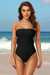 Clearance | Solid Color Backless Lace Up Black One-piece Swimsuit