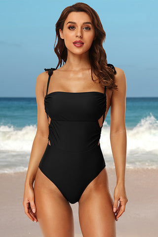 Clearance | Solid Color Backless Lace Up Black One-piece Swimsuit