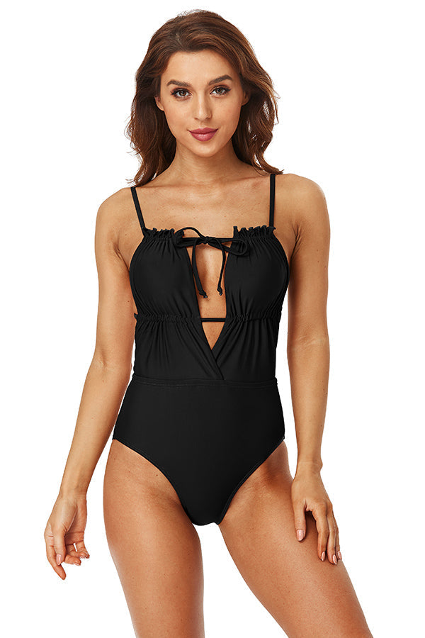 Spegatti Strap Knotted Backless Black One-piece Swimsuit