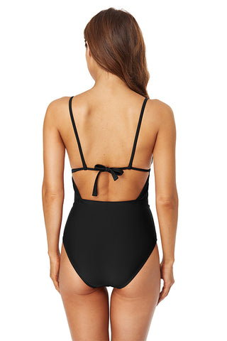 Clearance | Solid Color Cut Out Ruching Backless Black One-piece Swimsuit