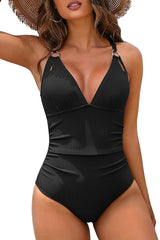 V Neck O-ring Crisscross Tummy Control One-piece Swimsuit