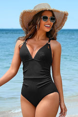 V Neck O-ring Crisscross Tummy Control One-piece Swimsuit