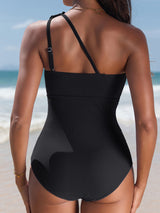 Charmo One Shoulder One Piece Swimsuit for Womens Ribbed Scalloped Bathing Suits Modest Full Coverage Keyhole Swimwear