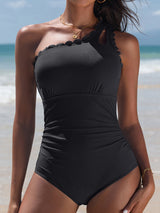 Charmo One Shoulder One Piece Swimsuit for Womens Ribbed Scalloped Bathing Suits Modest Full Coverage Keyhole Swimwear