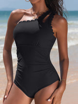 Charmo One Shoulder One Piece Swimsuit for Womens Ribbed Scalloped Bathing Suits Modest Full Coverage Keyhole Swimwear