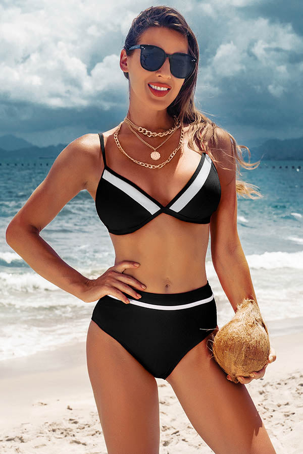 Color Block V Neck High Waisted Backless Bikini Suits