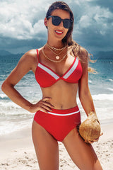 Color Block V Neck High Waisted Backless Bikini Suits