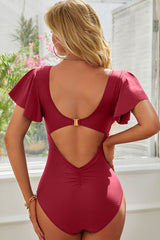 Ruched Cut Out Butterfly Sleeve V Neck Red One Piece Swimsuit