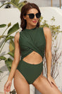 Solid Crewneck Crisscross Cutout One Piece Swimsuit-Charmo