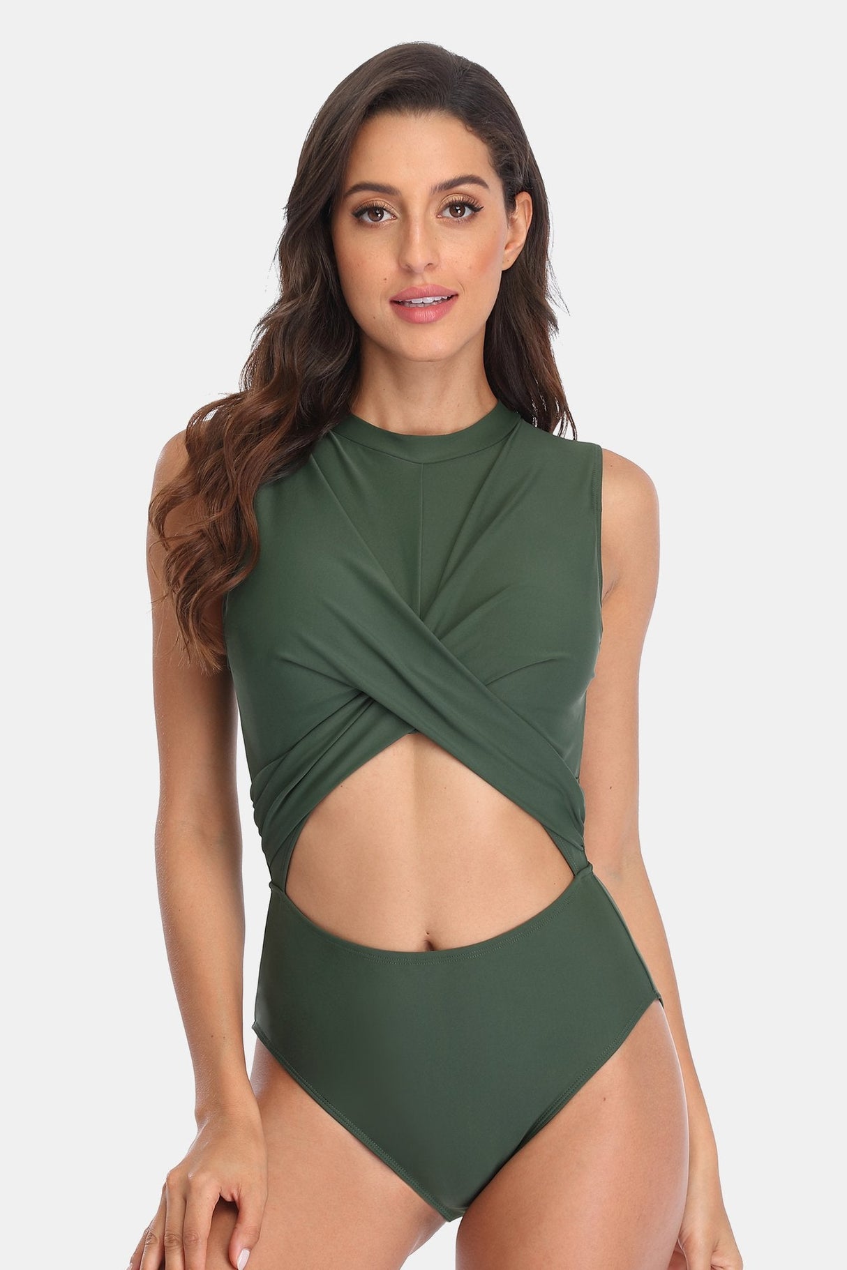 Solid Crewneck Crisscross Cutout One Piece Swimsuit-Charmo