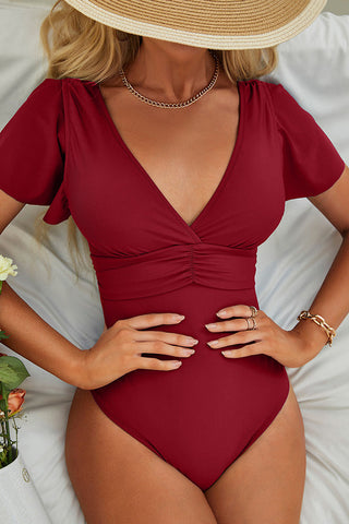 Ruched Cut Out Butterfly Sleeve V Neck Red One-piece Swimsuit