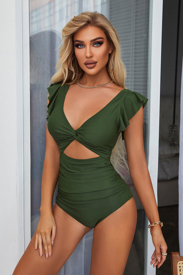 Twist Cut Out Ruched Side Butterfly Sleeve Green One Piece Swimsuit