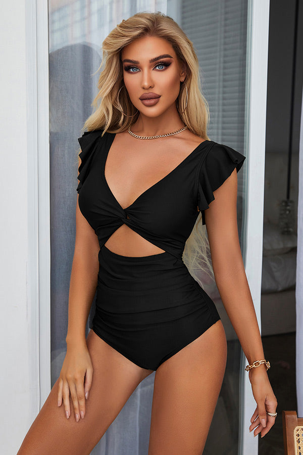 Twist Cut Out Ruched Side Butterfly Sleeve Black One Piece Swimsuit