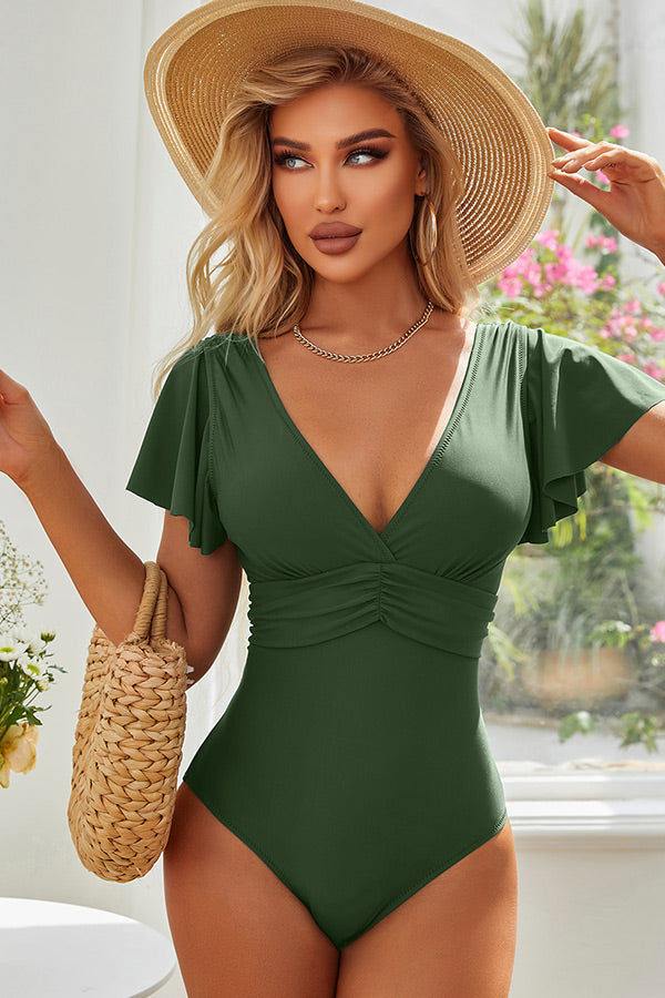 Ruched Cut Out Butterfly Sleeve V Neck Green One Piece Swimsuit