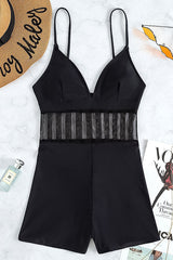 Black Sling Contrast Mesh One Piece Swimsuit-Charmo