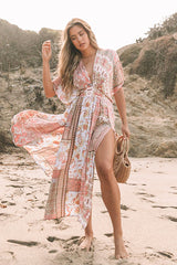 Boho Print High Split One Piece Cover Up Dress-Charmo