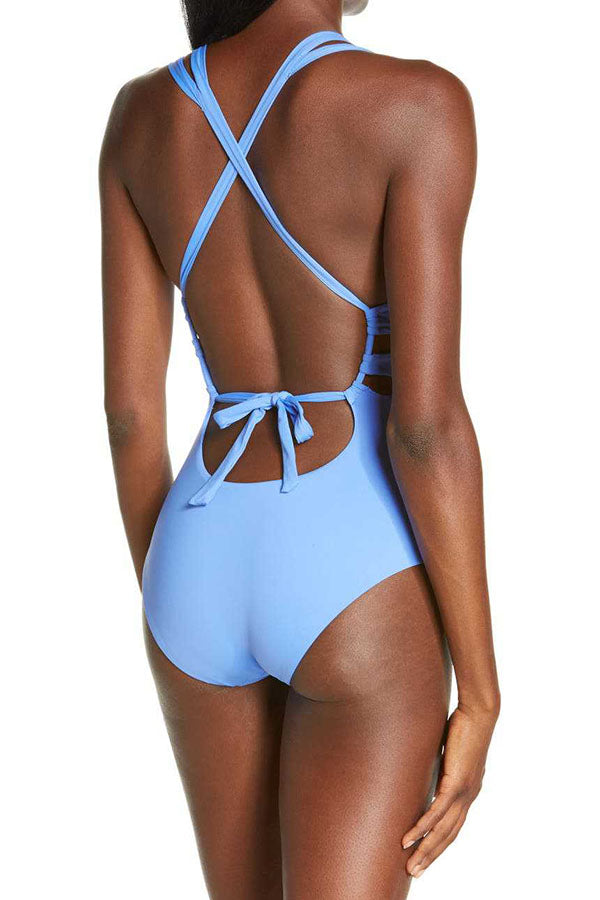 Plain V Neck Lace Up Backless One-Piece Swimsuit-Charmo