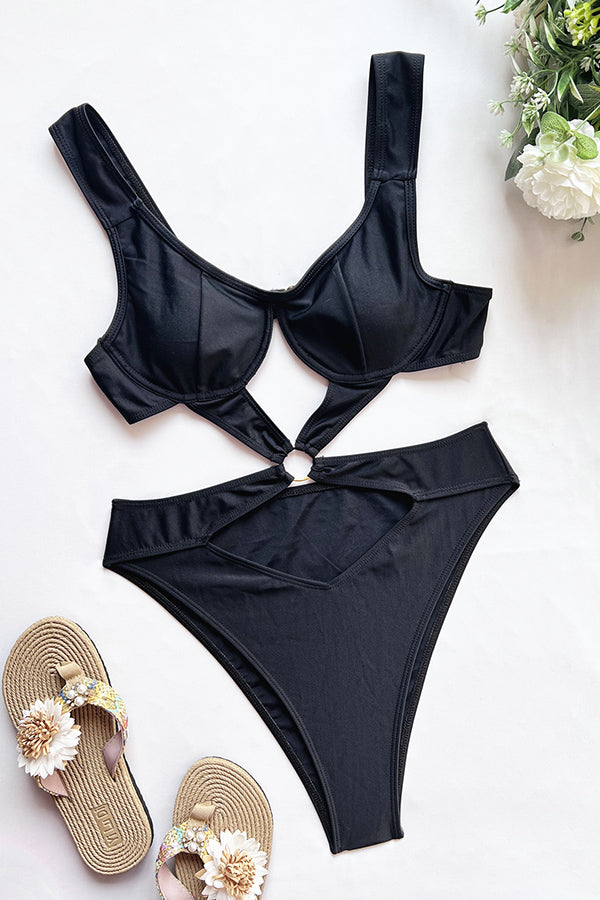 Black Cut Out Ring Monokini One Piece Swimsuit-Charmo