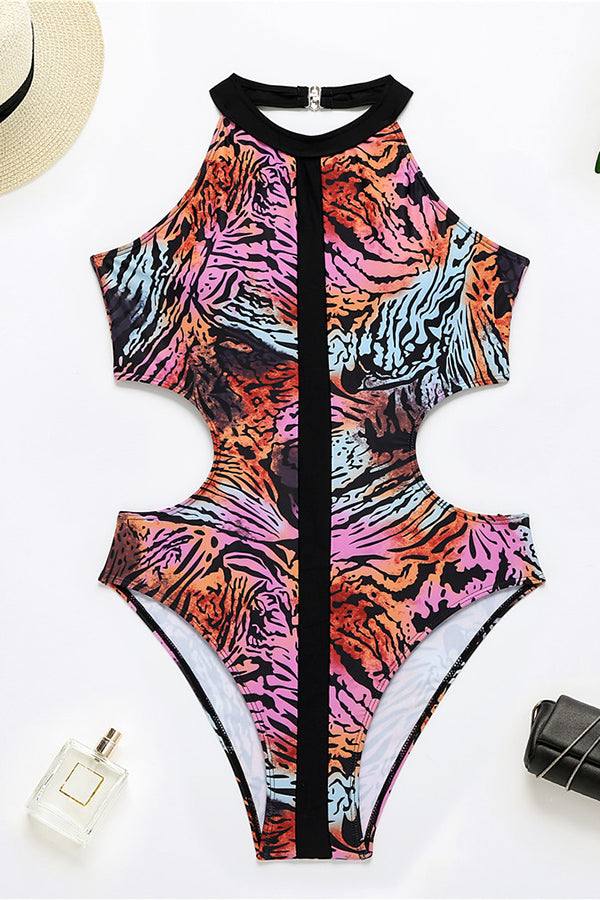 Leopard-Print Cutout Monokini One-Piece Swimsuit-Charmo