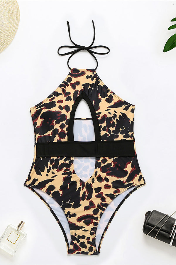 Leopard Print Lace-Up Cutout Monokini One-Piece Swimsuit-Charmo