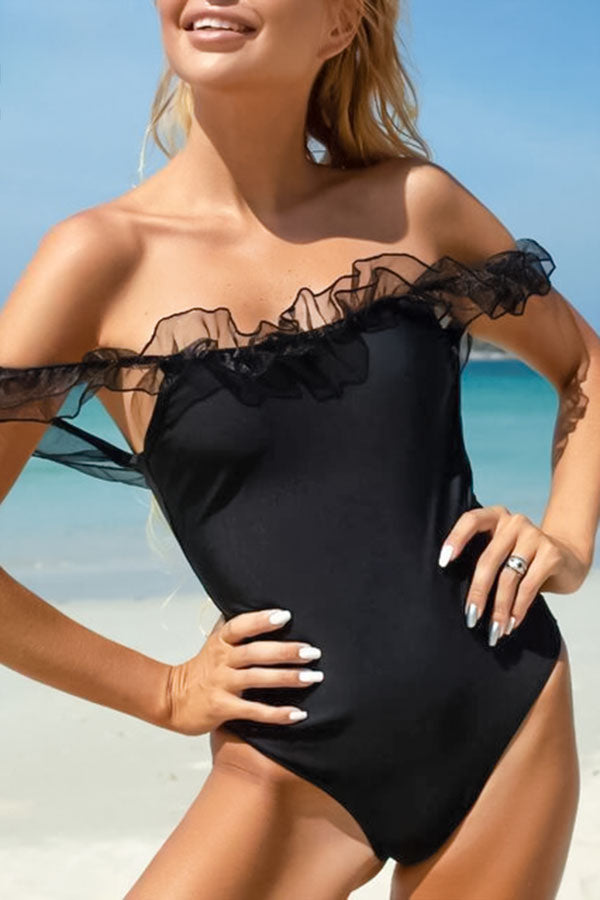 Black Crinkled Flounce One-Piece Swimsuit-Charmo