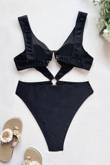 Black Cut Out Ring Monokini One Piece Swimsuit-Charmo