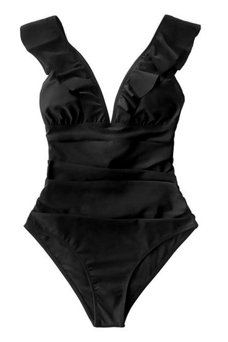 Plain Ruched Ruffle Trim One Piece Swimsuit-Charmo