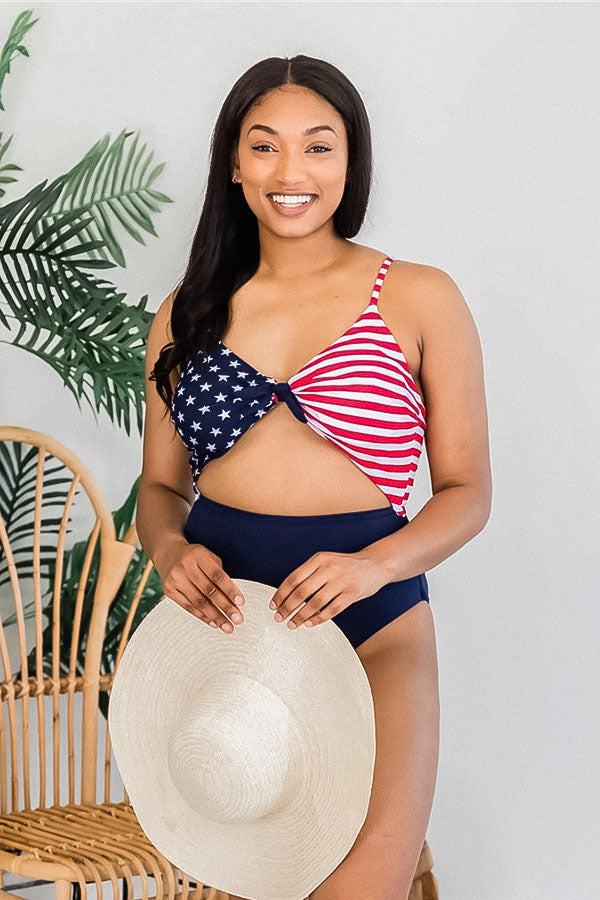 Cut Out Knot Front American Flag One Piece Swimsuit-Charmo