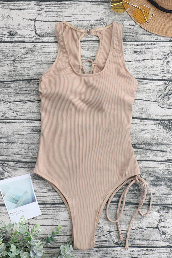 Textured Lace Up Back One Piece Swimsuit-Charmo