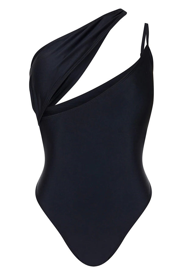 Black One Shoulder Cutout One Piece Swimsuit-Charmo