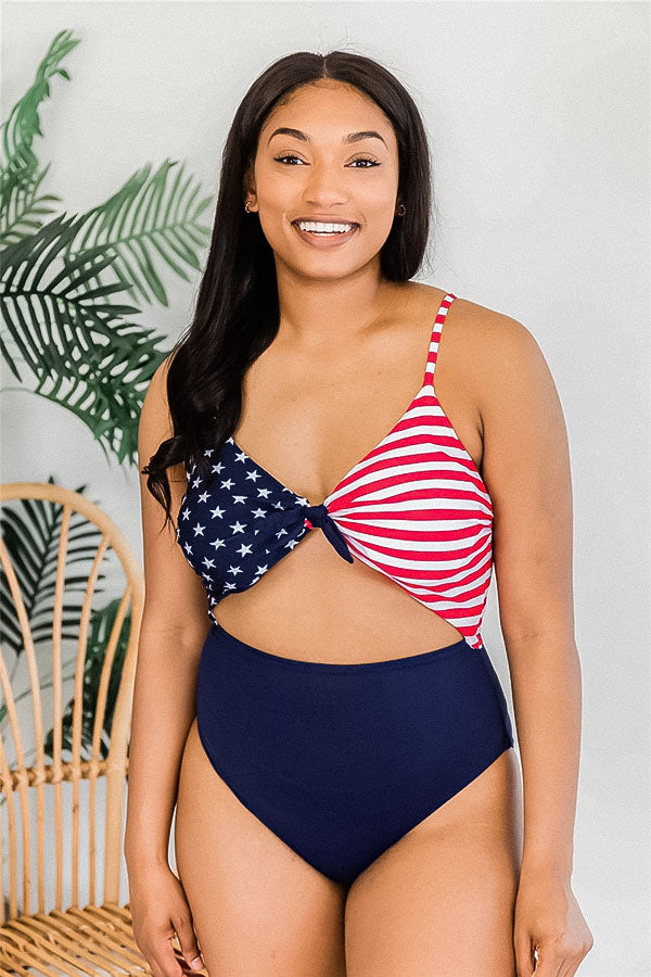 Cut Out Knot Front American Flag One Piece Swimsuit-Charmo