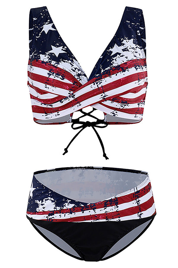 Twist Front High Waist American Flag Bikini Swimsuit-Charmo