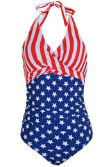 Crisscross Halter American Flag One Piece Swimsuit-Charmo