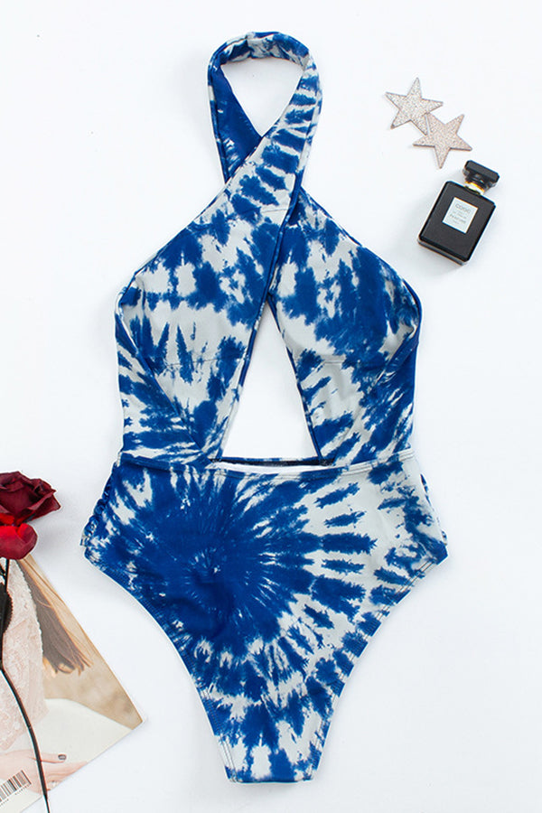Tie Dye Backless Halter One Piece Swimsuit-Charmo