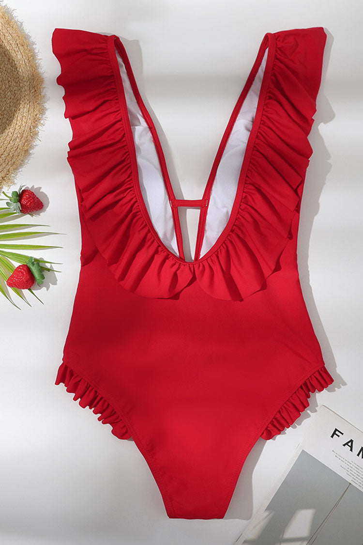 Red Ruffle Trim Cut Out One Piece Swimsuit