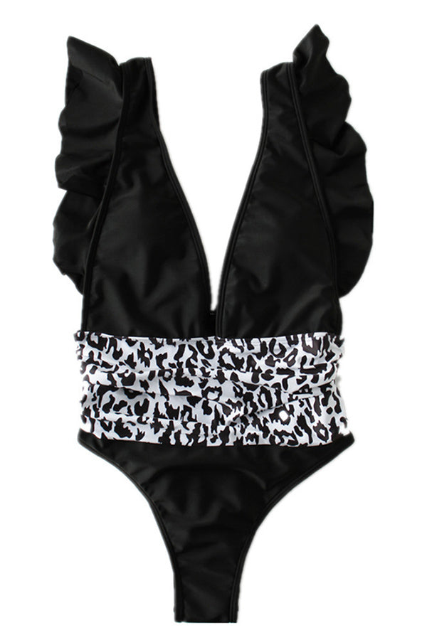 Leopard Print Ruffled Plunge One Piece Swimsuit-Charmo