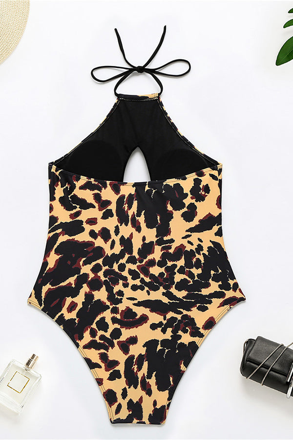 Women's Leopard Print Lace-Up Cutout Monokini One-Piece Swimsuit