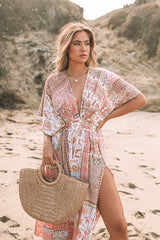 Boho Print High Split One Piece Cover Up Dress-Charmo