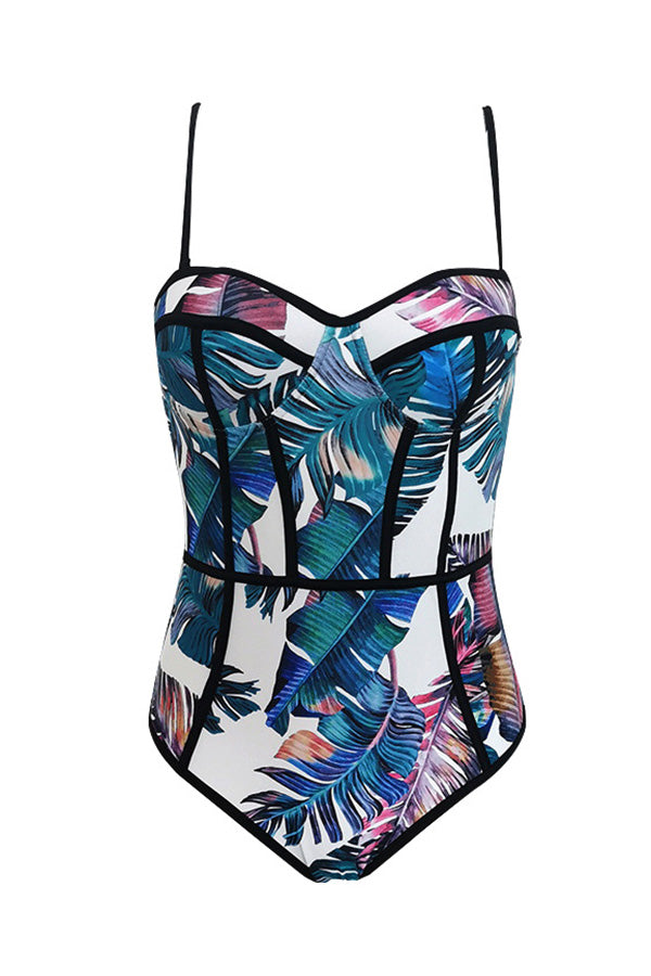 Floral Print Push Up One Piece Swimsuit-Charmo