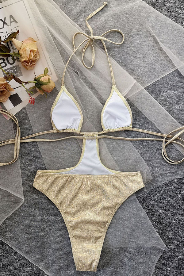 Women Gold Lace Up Cut Out Solid One Piece Swimsuit-Charmo