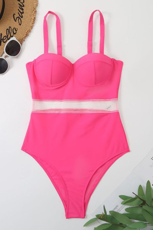 Magenta Contrast Mesh Push Up One Piece Swimsuit-Charmo