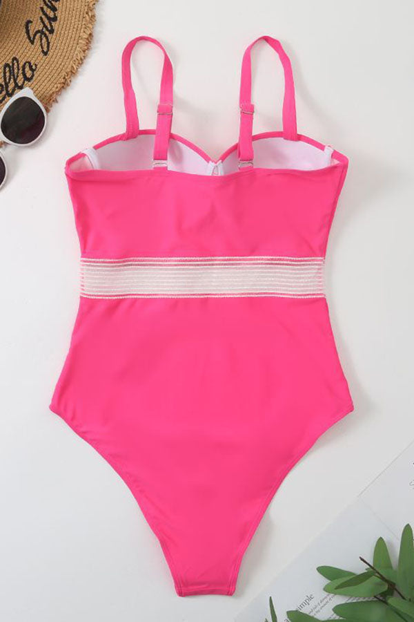 Magenta Contrast Mesh Push Up One Piece Swimsuit-Charmo