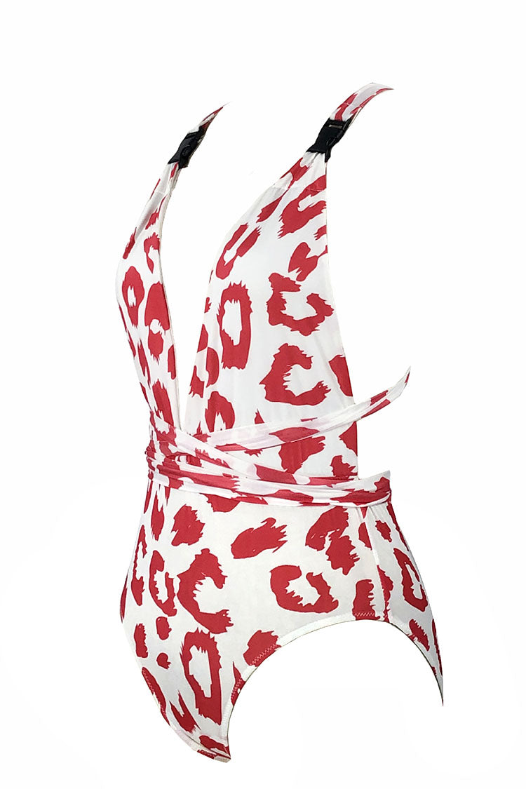 Leopard Print Halter neck Strap V-neck Swimsuit-Charmo
