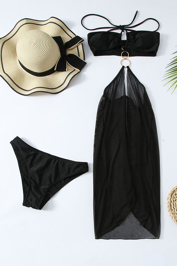 2pcs Plain Cut Out O-Ring Halter Monokini Bikini Swimsuit-Charmo