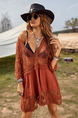 V-Neck Tassel Lace One Piece Cover Up Dress-Charmo